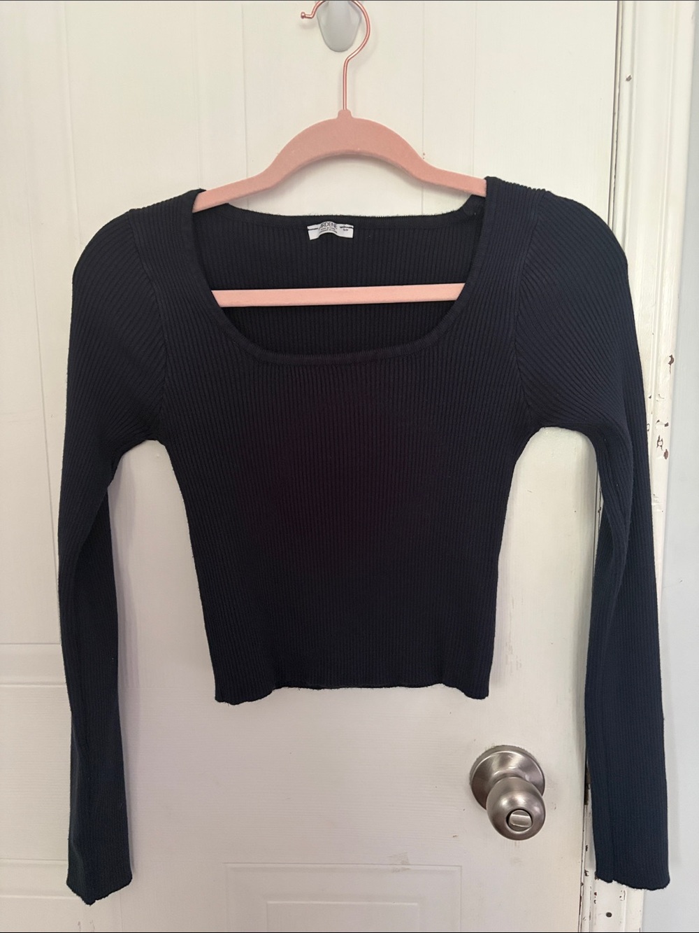 Ribbed Long-Sleeve Square Neck Top - Navy Blue